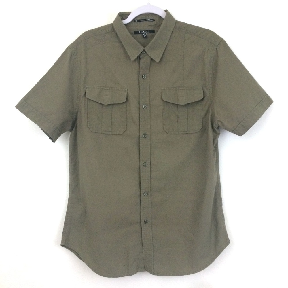 21Men Olive Green Short Sleeve Cargo Button Top